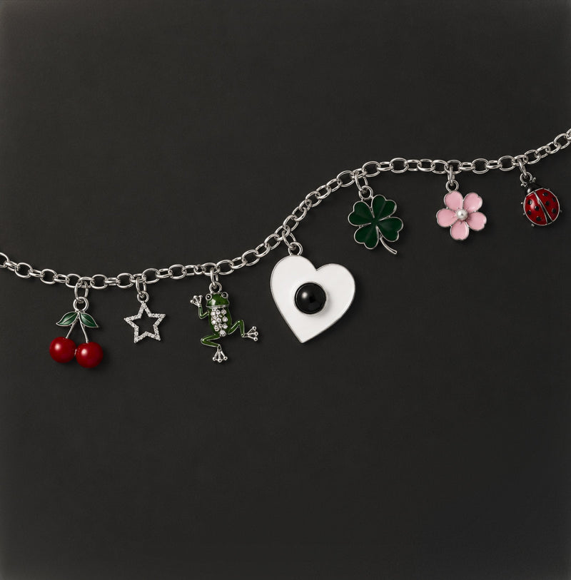 Silver charm chain by Cherry PaoPao with cherry, star, frog, heart, clover, flower and ladybug charms