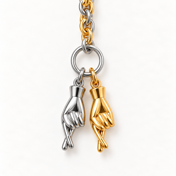 Fingers Crossed Necklace – close-up of silver and gold crossed-fingers charms